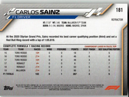 2020 Topps Chrome Formula 1 181 Carlos Sainz Refractor - ChronicCards