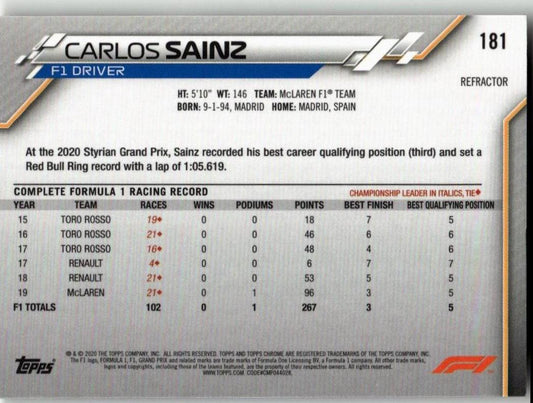 2020 Topps Chrome Formula 1 181 Carlos Sainz Refractor - ChronicCards