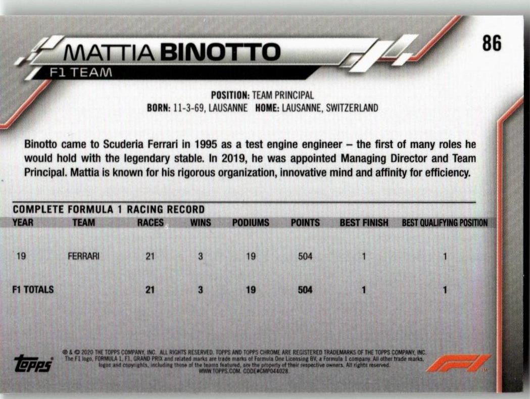 2020 Topps Chrome Formula 1 86 Mattia Binotto - ChronicCards