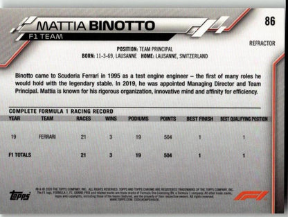 2020 Topps Chrome Formula 1 86 Mattia Binotto Refractor - ChronicCards