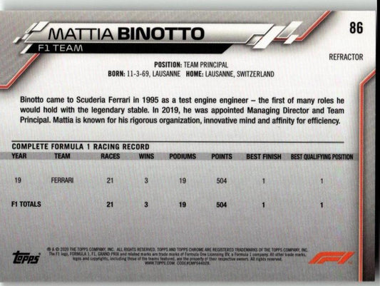 2020 Topps Chrome Formula 1 86 Mattia Binotto Refractor - ChronicCards