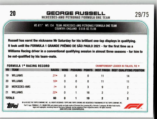 2022 Topps Formula 1 20 George Russell Pink /75 - ChronicCards