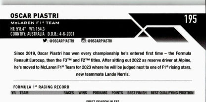 2023 Topps Chrome Formula 1 195 Oscar Piastri Purple Checker X - Factor /199 - ChronicCards