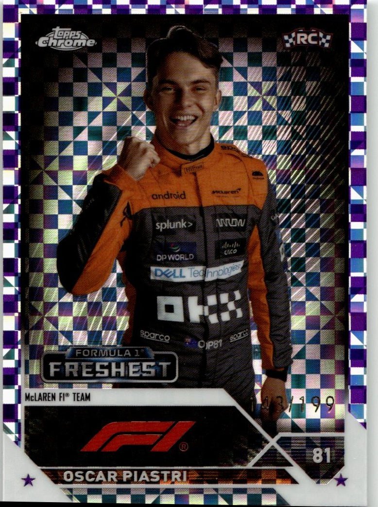 2023 Topps Chrome Formula 1 195 Oscar Piastri Purple Checker X - Factor /199 - ChronicCards