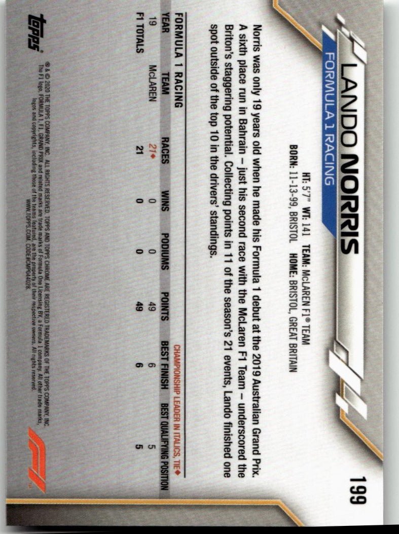 2020 Topps Chrome Formula 1 199 Lando Norris - ChronicCards