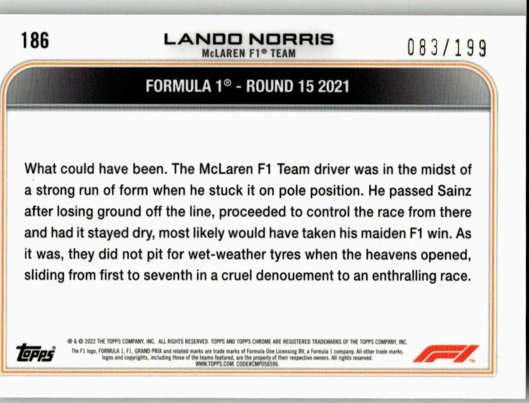 2022 Topps Chrome Sapphire Edition Formula 1 186 Lando Norris Chartreuse /199 - ChronicCards