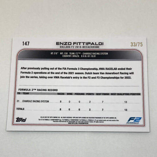 2022 Topps Chrome Enzo Fittipaldi #147 33/75 F1 Card - ChronicCards