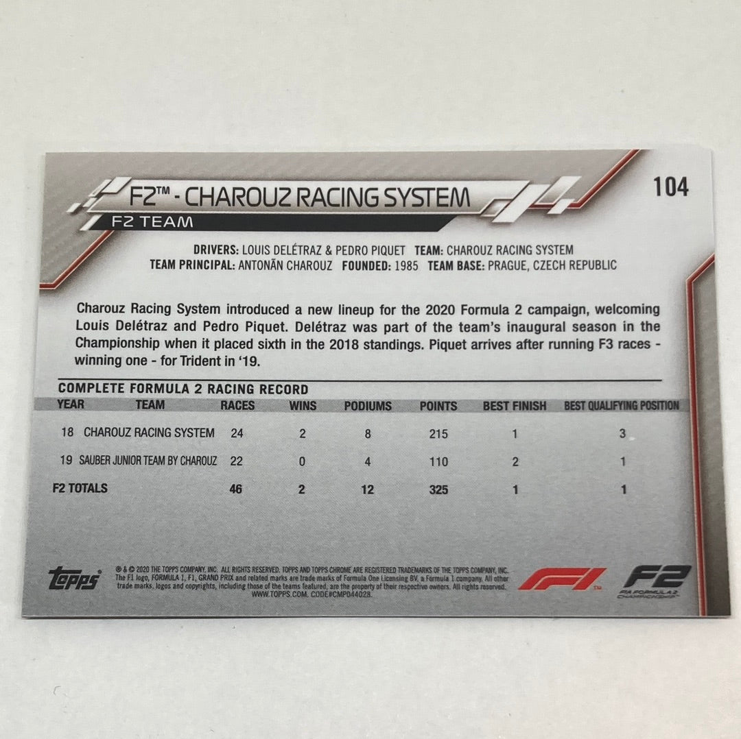 2020 Topps Chrome F2 Charouz Racing System #104 Base F1 Card