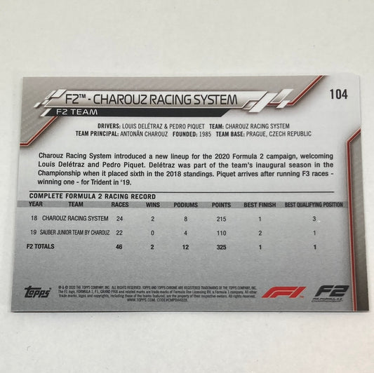 2020 Topps Chrome F2 Charouz Racing System #104 Base F1 Card - ChronicCards