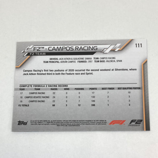 2020 Topps Chrome F2 Campos Racing #111 Base F1 Card - ChronicCards