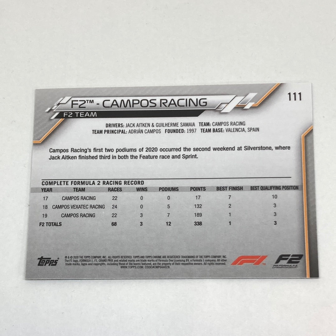 2020 Topps Chrome F2 Campos Racing #111 Base F1 Card