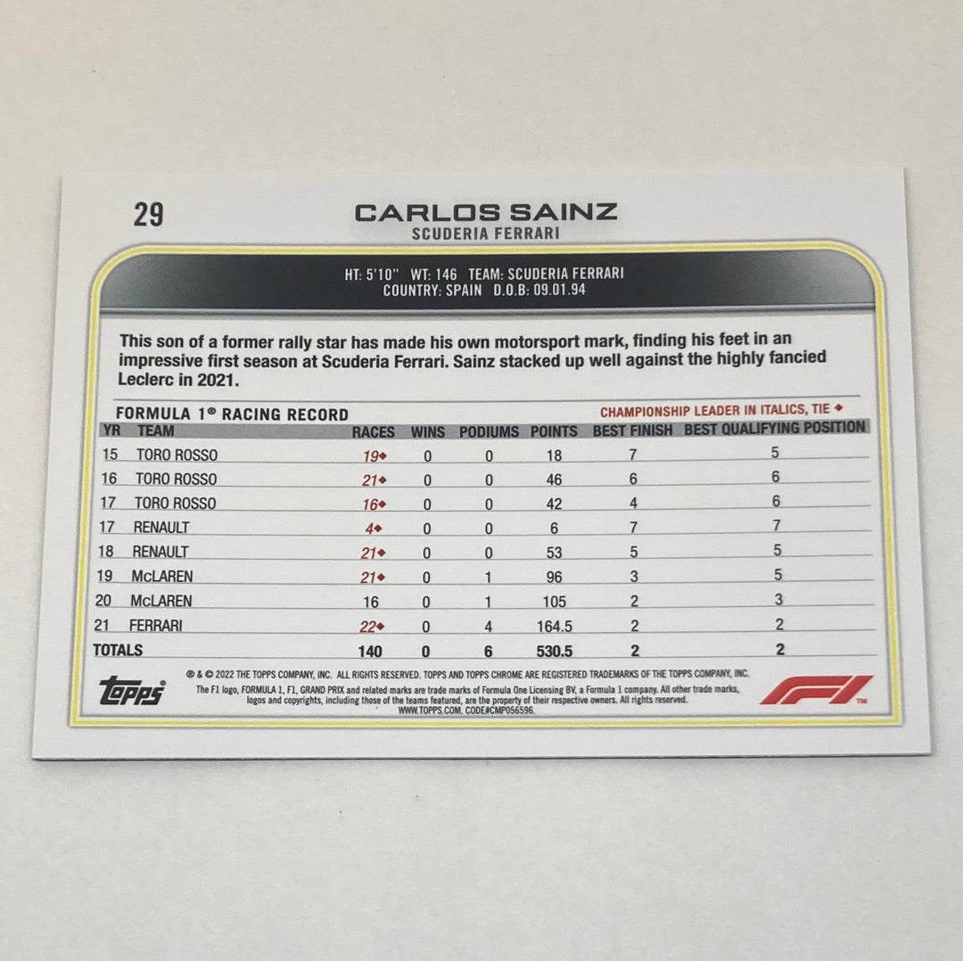 2022 Topps Chrome Carlos Sainz #29 Purple/Green F1 Card