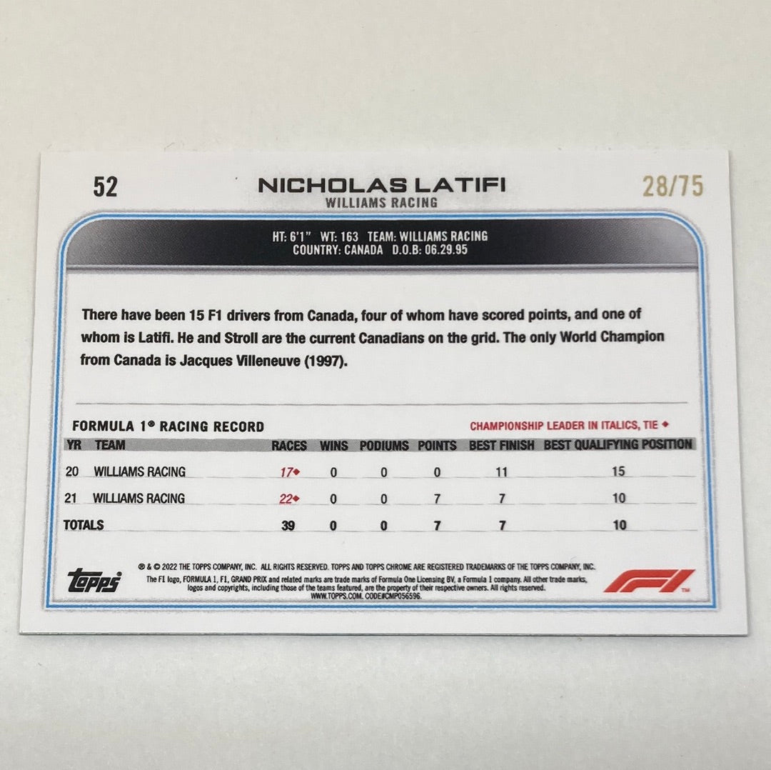 2022 Topps Chrome Nicholas Latifi #52 28/75 F1 Card