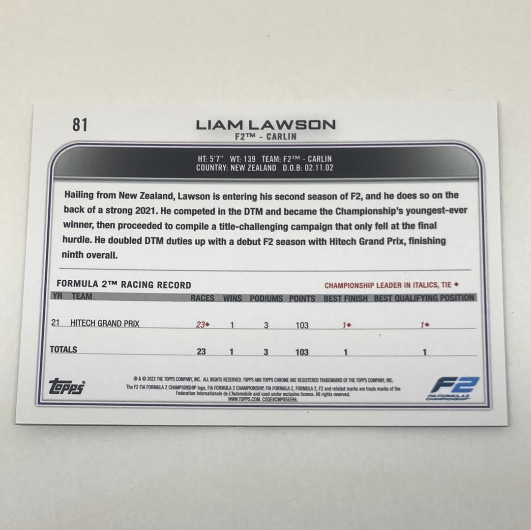 2022 Topps Chrome Liam Lawson #81 F1 Card