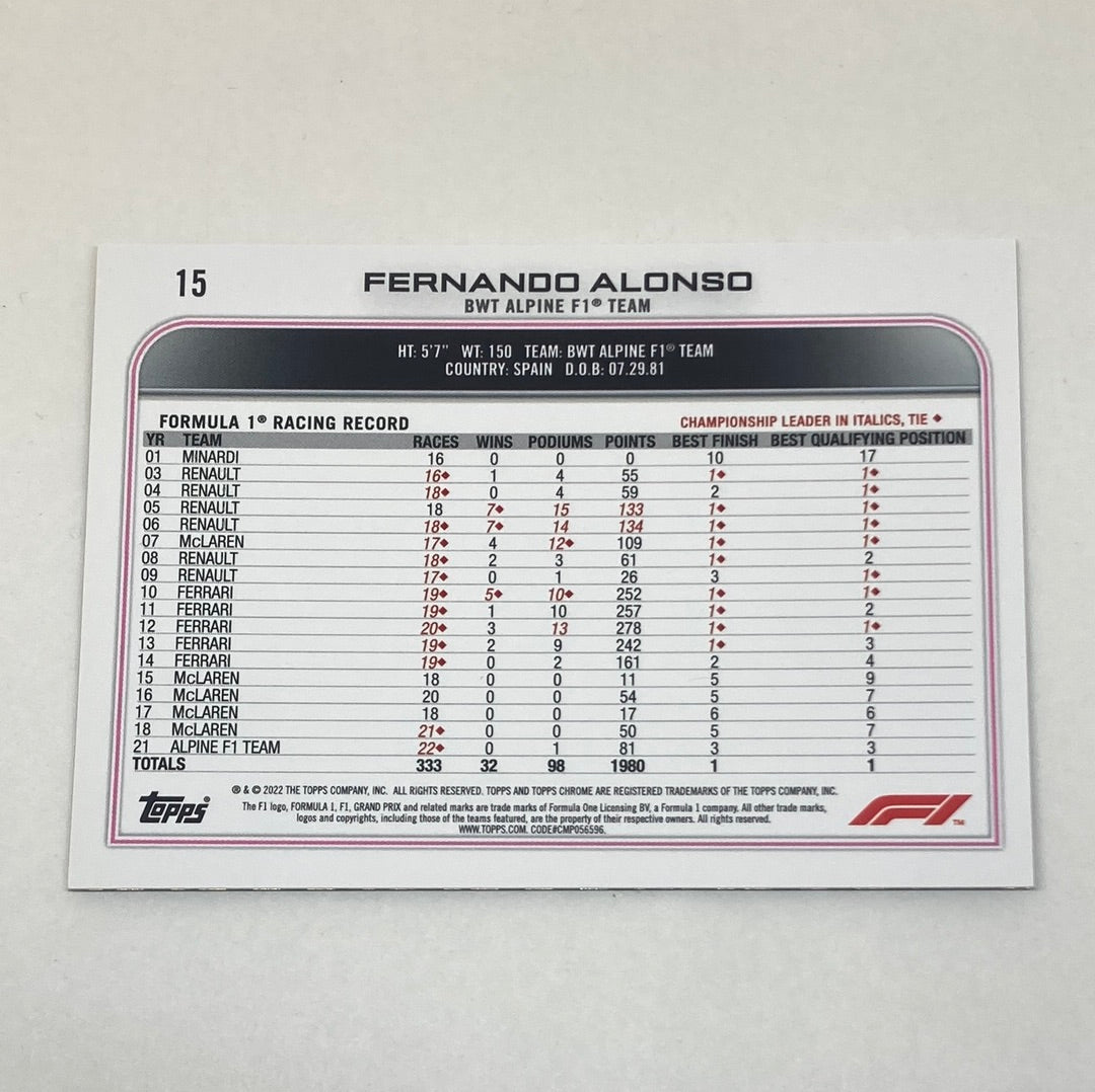 2022 Topps Chrome Fernando Alonso #15 F1 Refractor Cardo