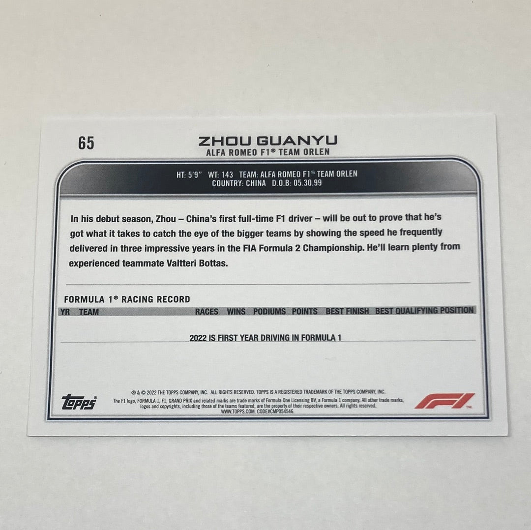 2022 Topps Zhou Guanyu #65 F1 Rookie Card