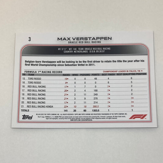 2022 Topps Chrome Max Verstappen #3 F1 Card - ChronicCards