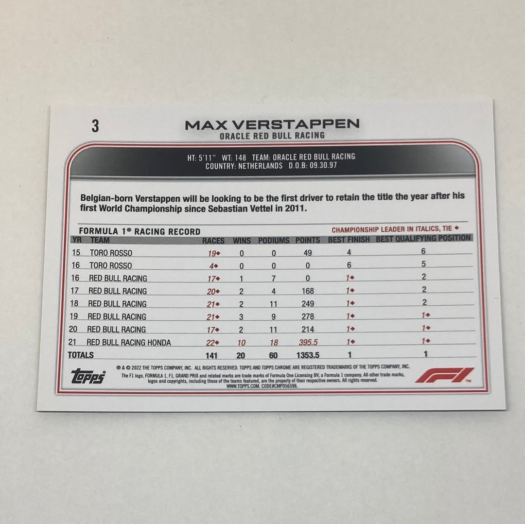 2022 Topps Chrome Max Verstappen #3 F1 Card