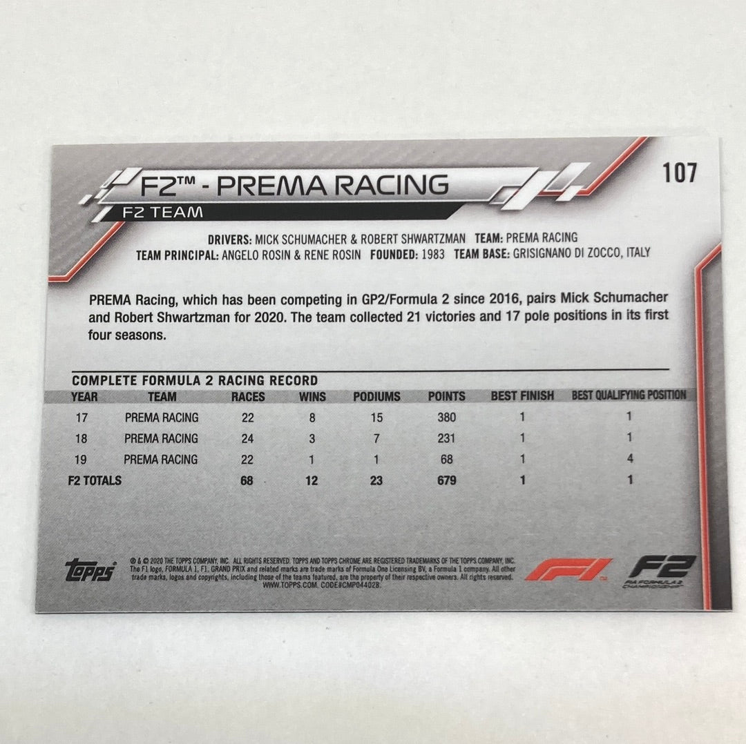 2020 Topps Chrome F2 Prema Racing #107 Base F1 Card