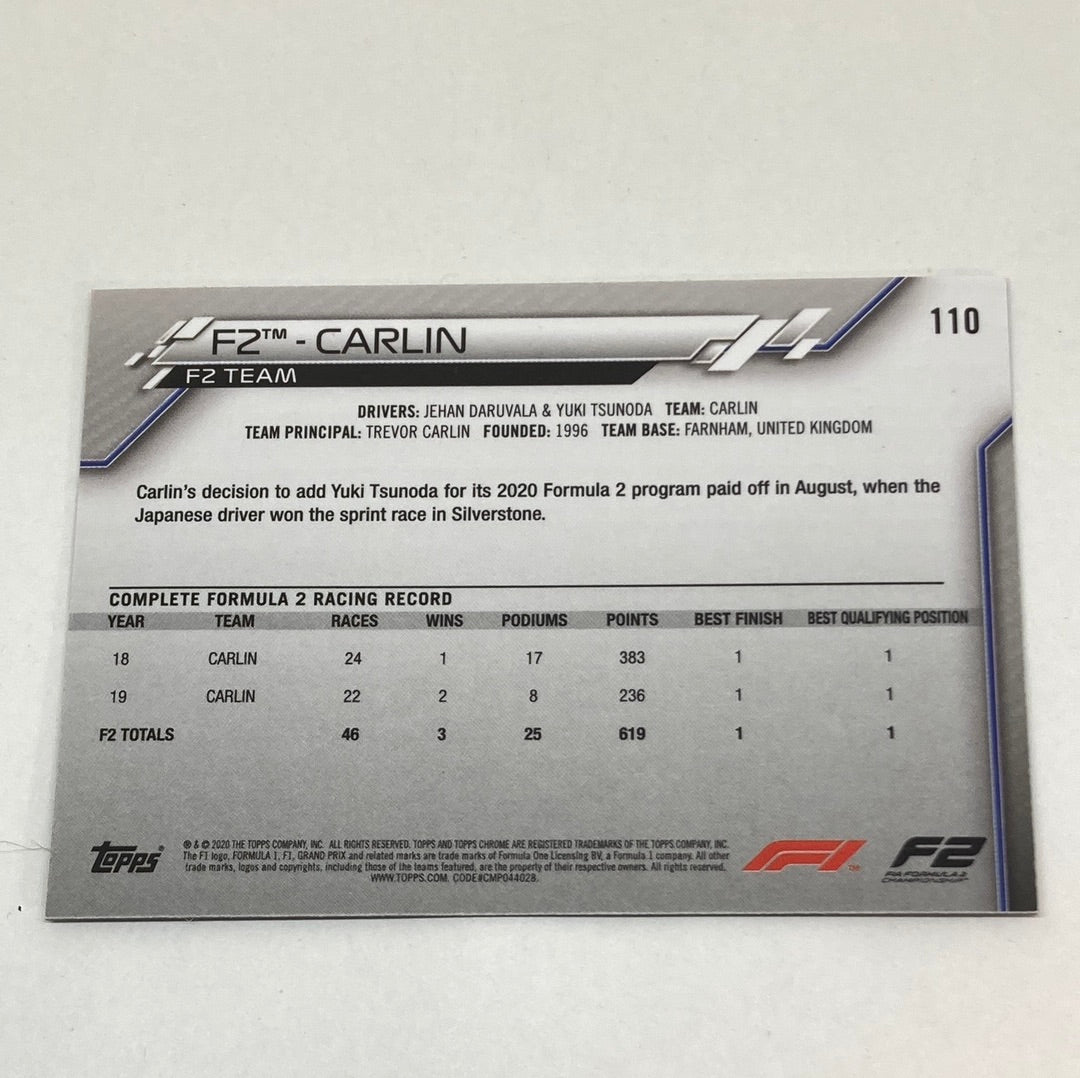 2020 Topps Chrome F2 Carlin #110 Base F1 Card