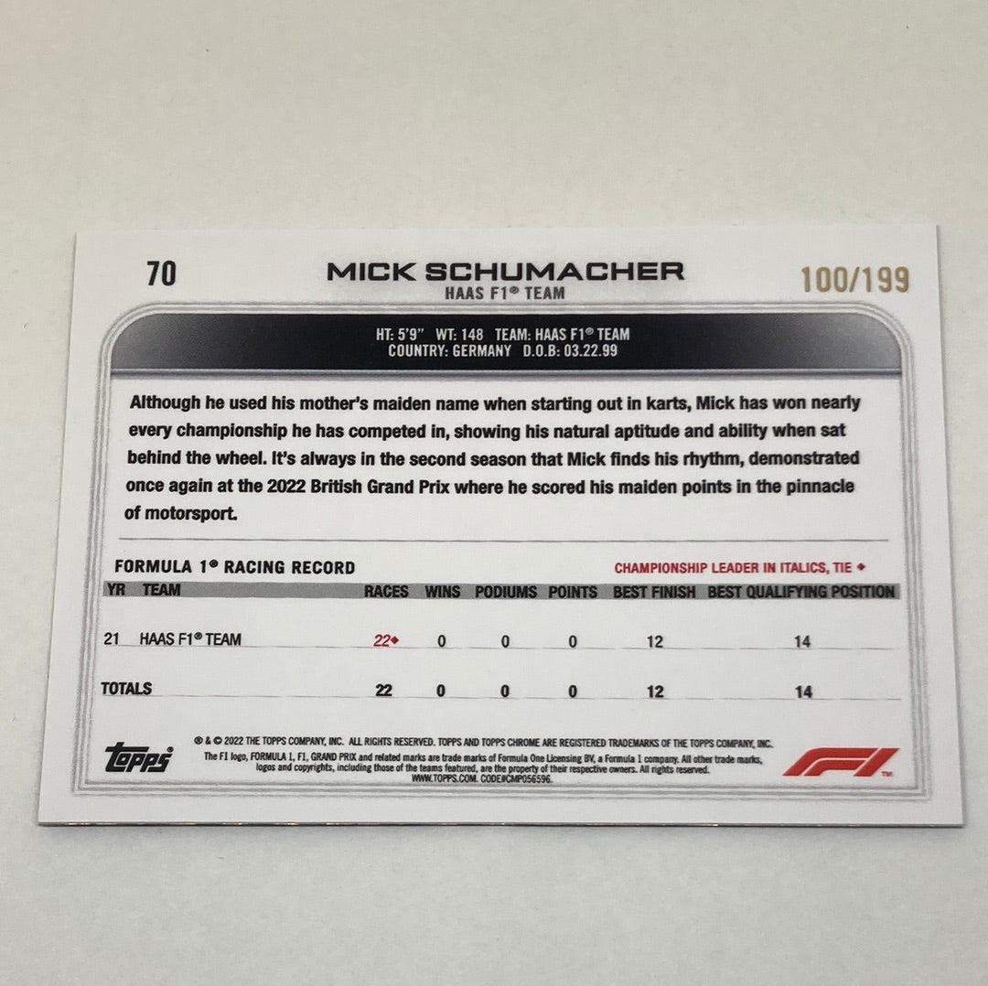2022 Topps Chrome Mick Schumacher #70 100/199 F1 Card