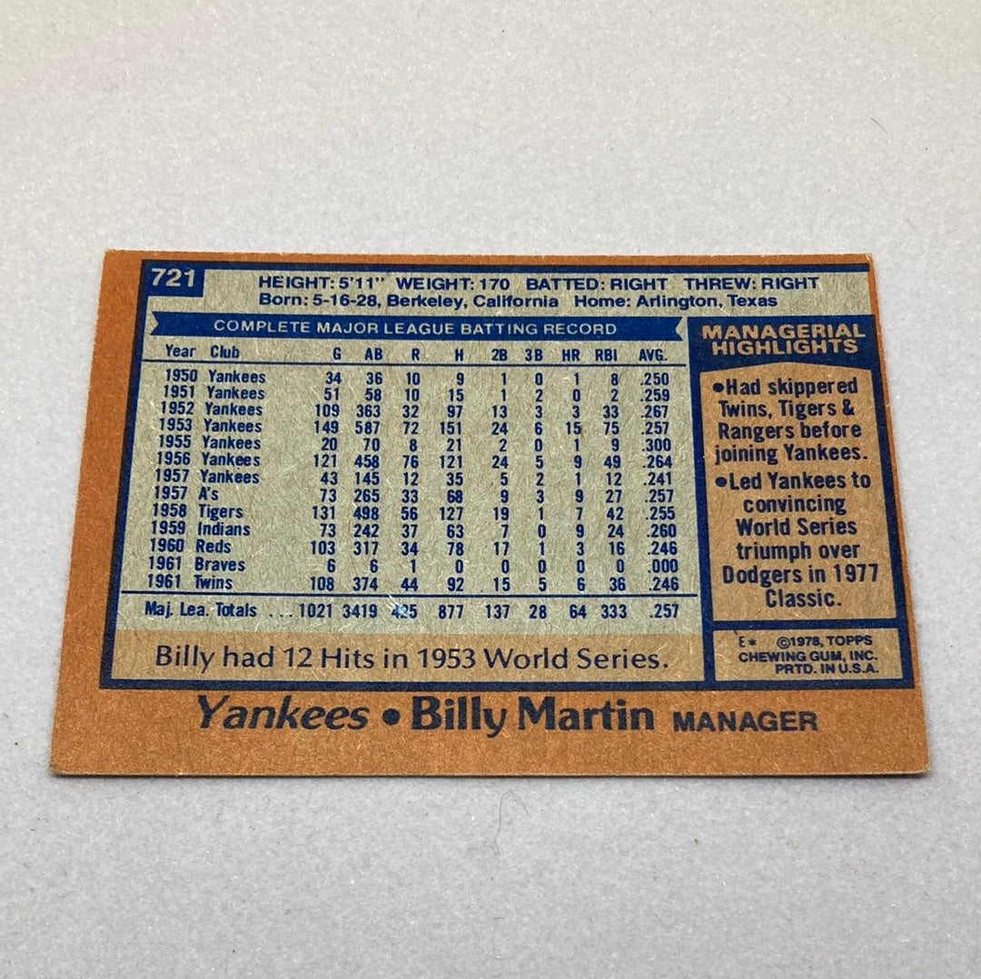 1978 Topps Baseball #721 Billy Martin Baseball Card Topps