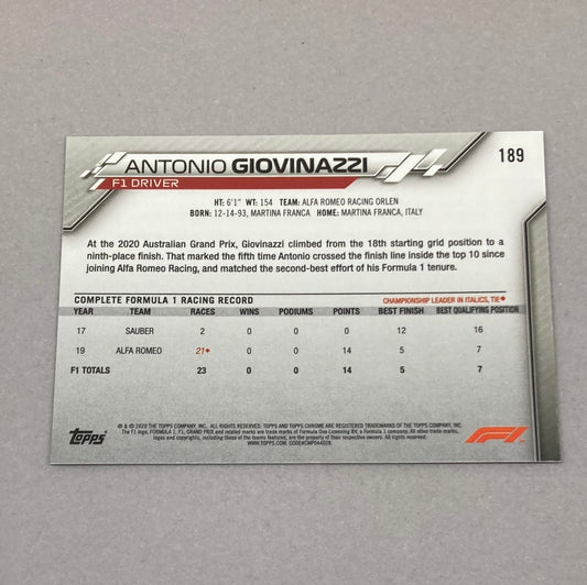 2020 Topps Chrome Antonio Giovinazzi Base #189 F1 Card - ChronicCards