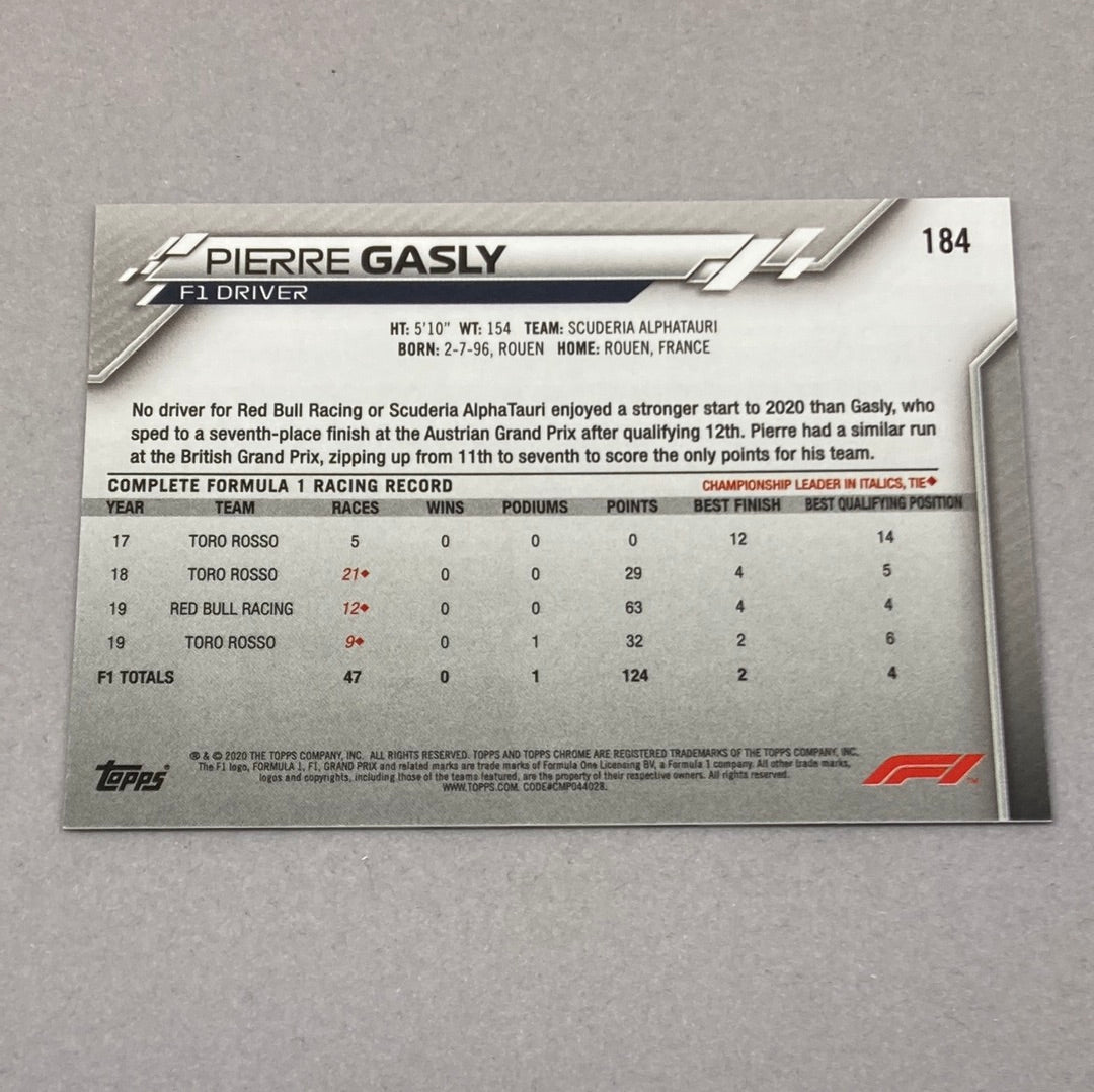 2020 Topps Chrome Pierre Gasly Base #184 F1 Card Topps