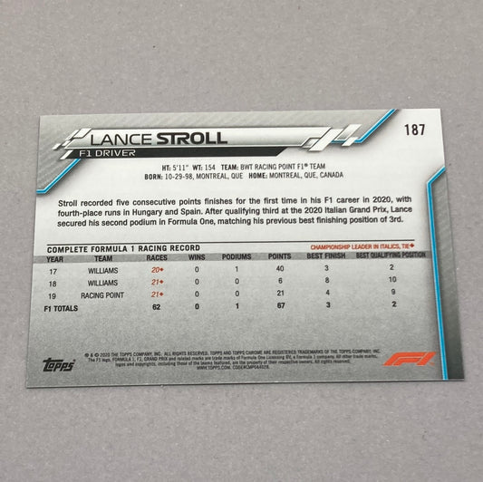 2020 Topps Chrome Lance Stroll Base #187 F1 Card - ChronicCards