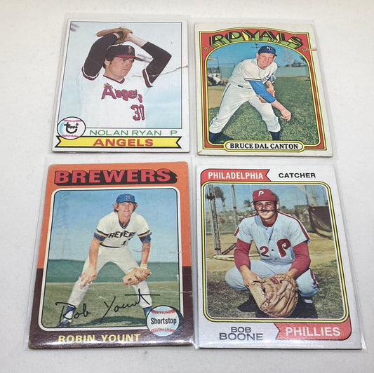 4 Vintage Baseball Cards - Nolan Ryan, Robin Yount, Bob Boone, Bruce Dal Canton - Ripped or Damaged Topps