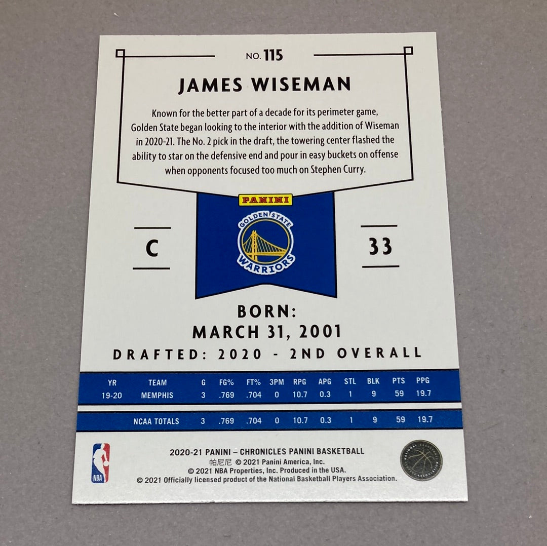 2020-21 Panini Chronicles James Wiseman Rookie Card Panini