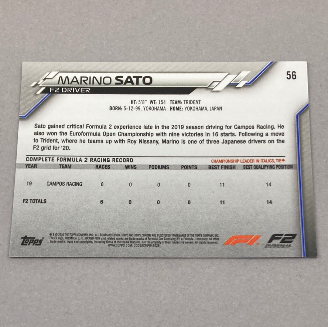 2020 Topps Chrome Marino Sato #56 Base F1 Card Topps