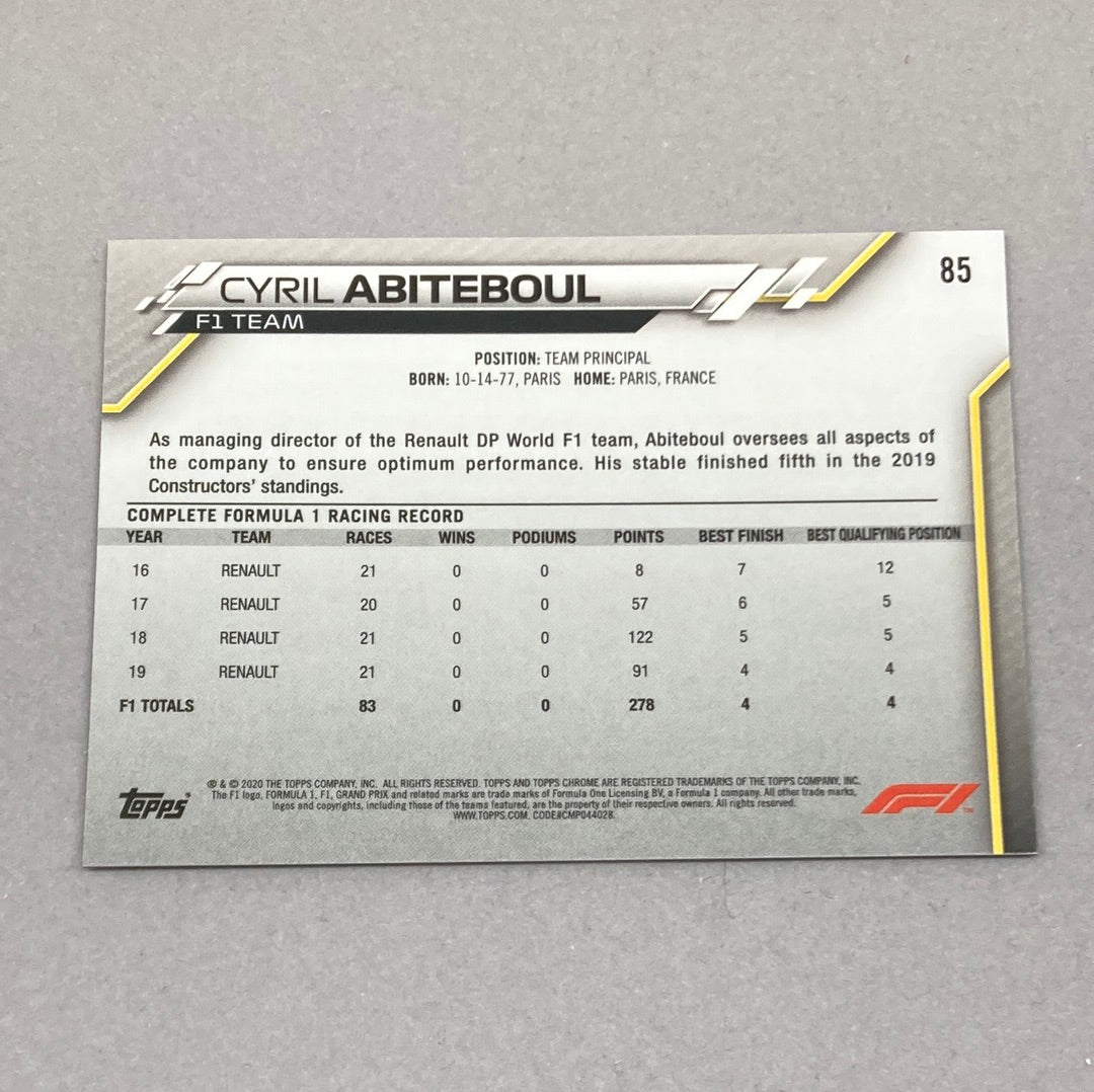 2020 Topps Chrome Cyril Abiteboul Base #85 F1 Card Topps