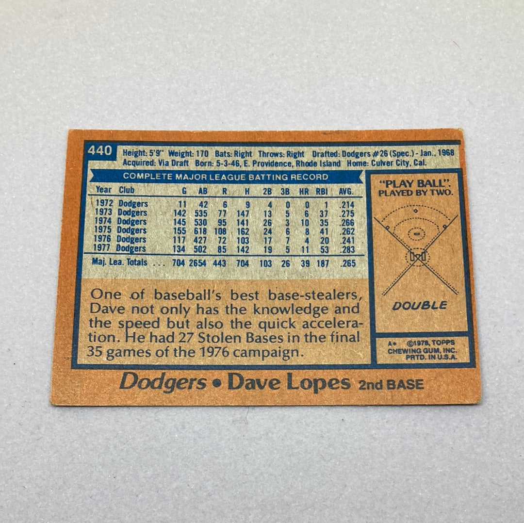 1978 Topps Baseball Dave Lopes Baseball Card Topps