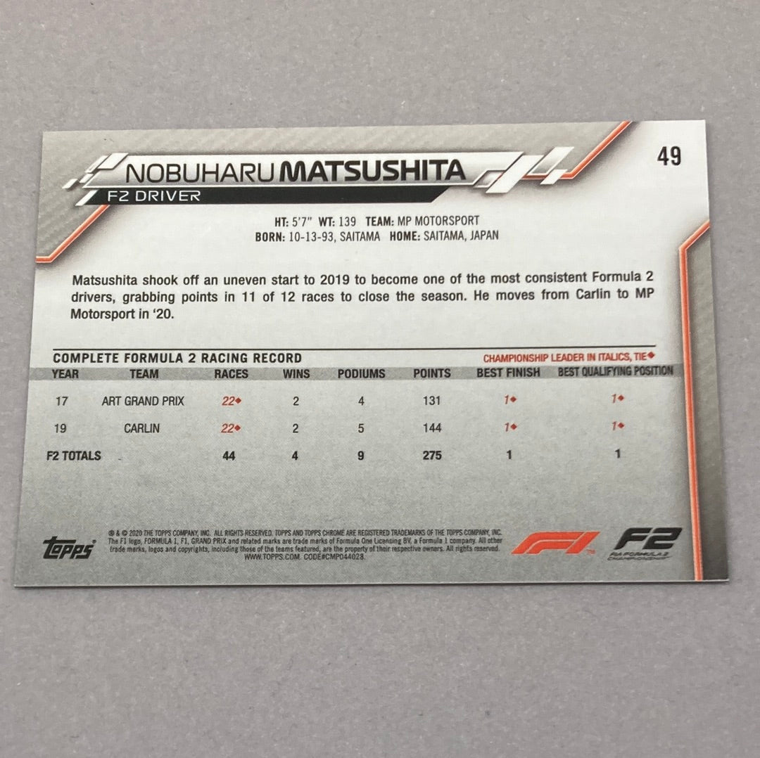 2020 Topps Chrome Nobuharu Matsushita #49 Base F1 Card Topps