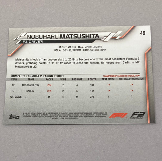 2020 Topps Chrome Nobuharu Matsushita #49 Base F1 Card - ChronicCards