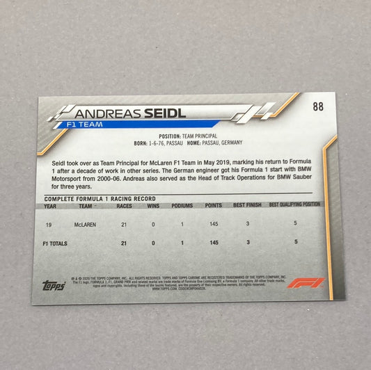 2020 Topps Chrome Andreas Seidl Base #88 F1 Card - ChronicCards