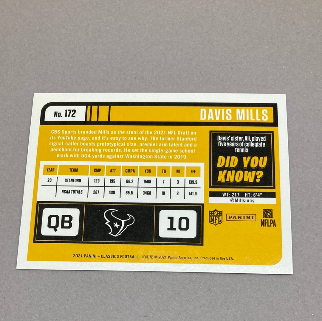 2021 Panini Classics Davis Mills Rookie Card Panini