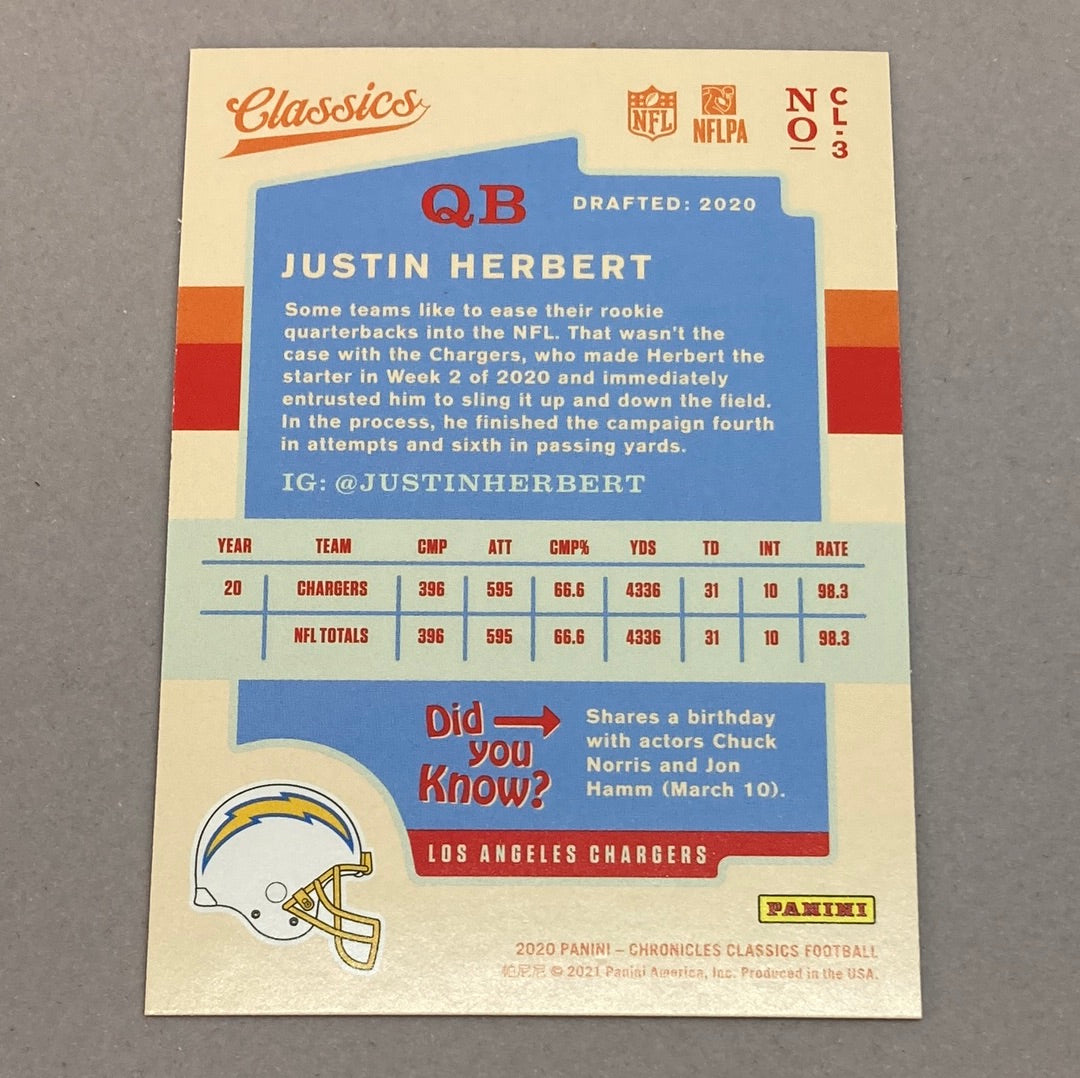 2020 Panini Chronicles Classics Justin Herbert Rookie Card Panini