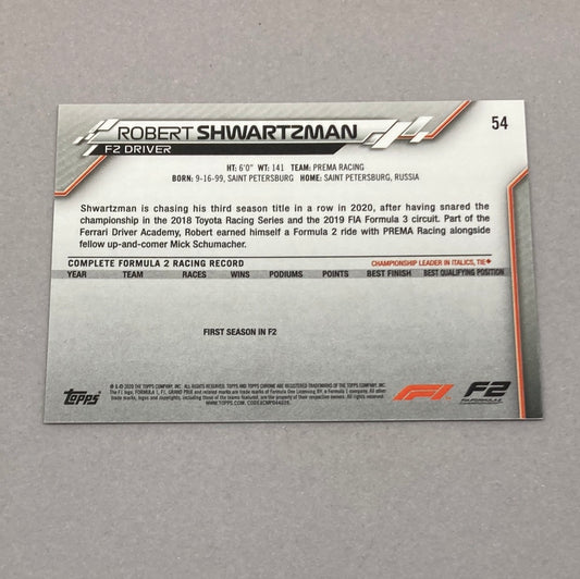2020 Topps Chrome Robert Shwartzman #54 Base F1 Card - ChronicCards