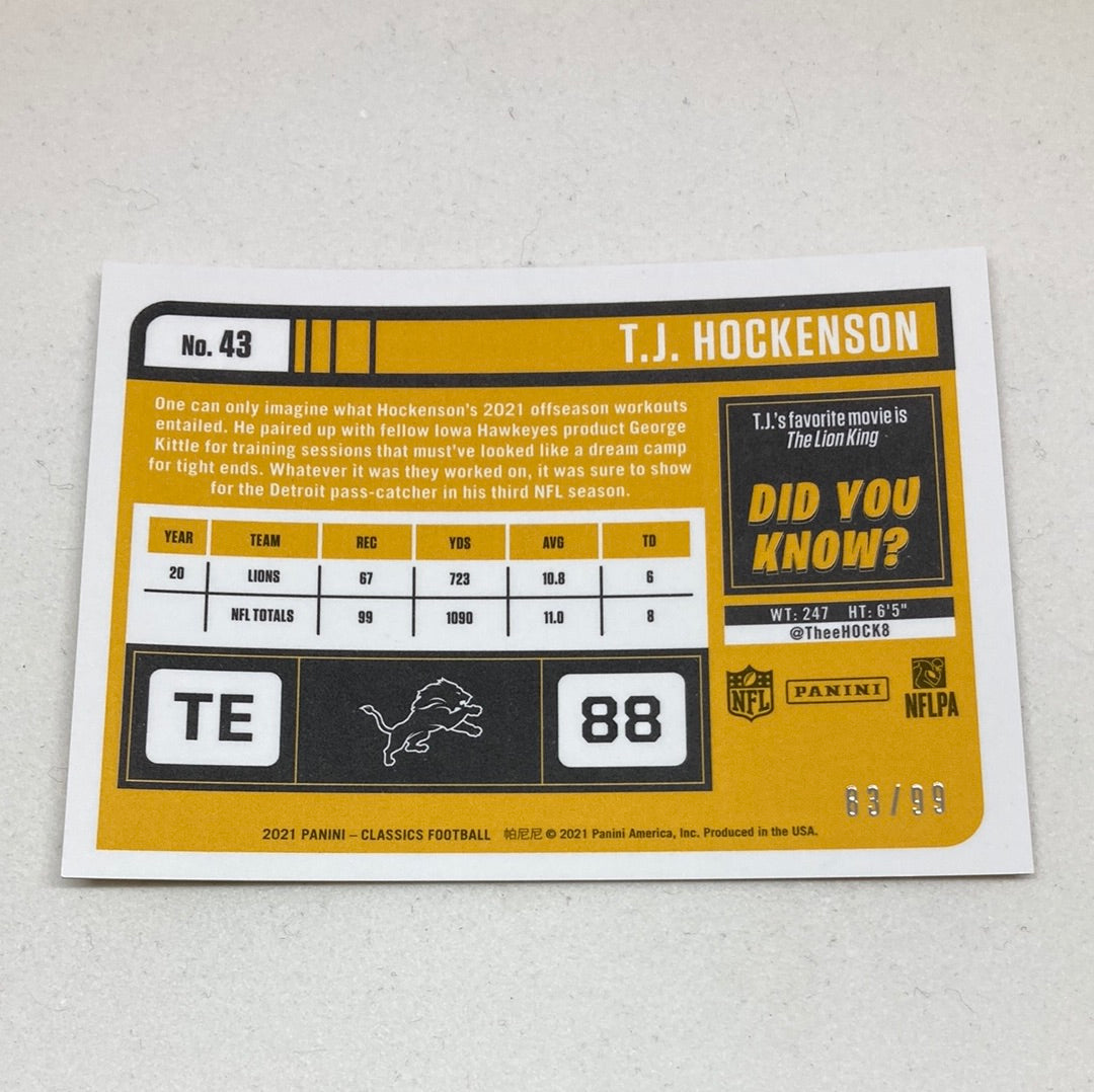 2021 Panini Classics T.J. Hockenson 83/99 Panini