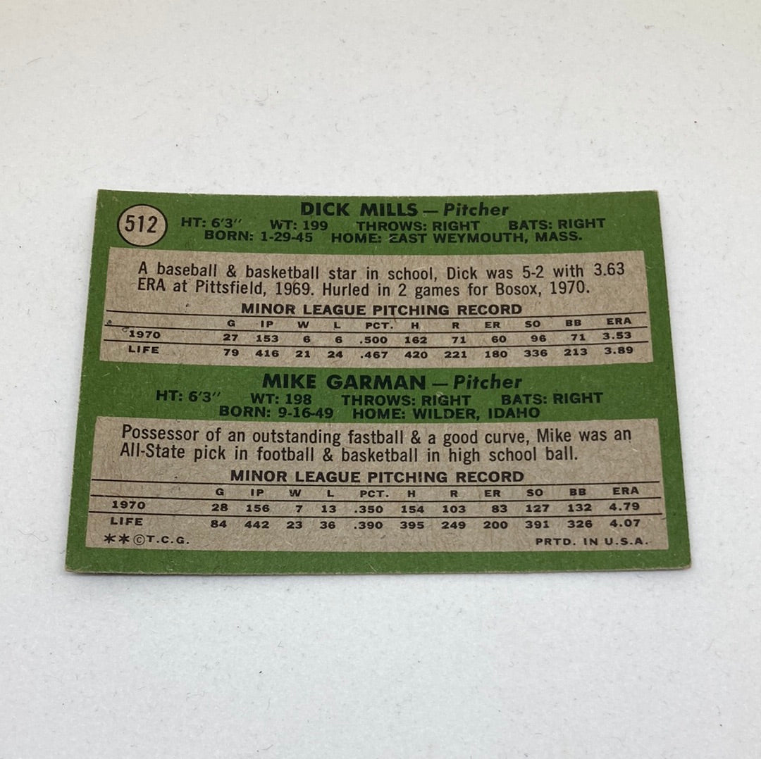 1971 Red Sox Rookie Stars Dick Mills & Mike Garman Baseball Card Topps