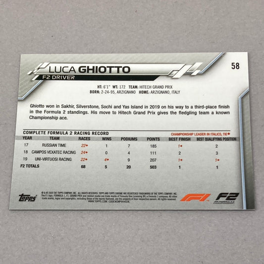2020 Topps Chrome Luca Ghiotto #58 Base F1 Card - ChronicCards
